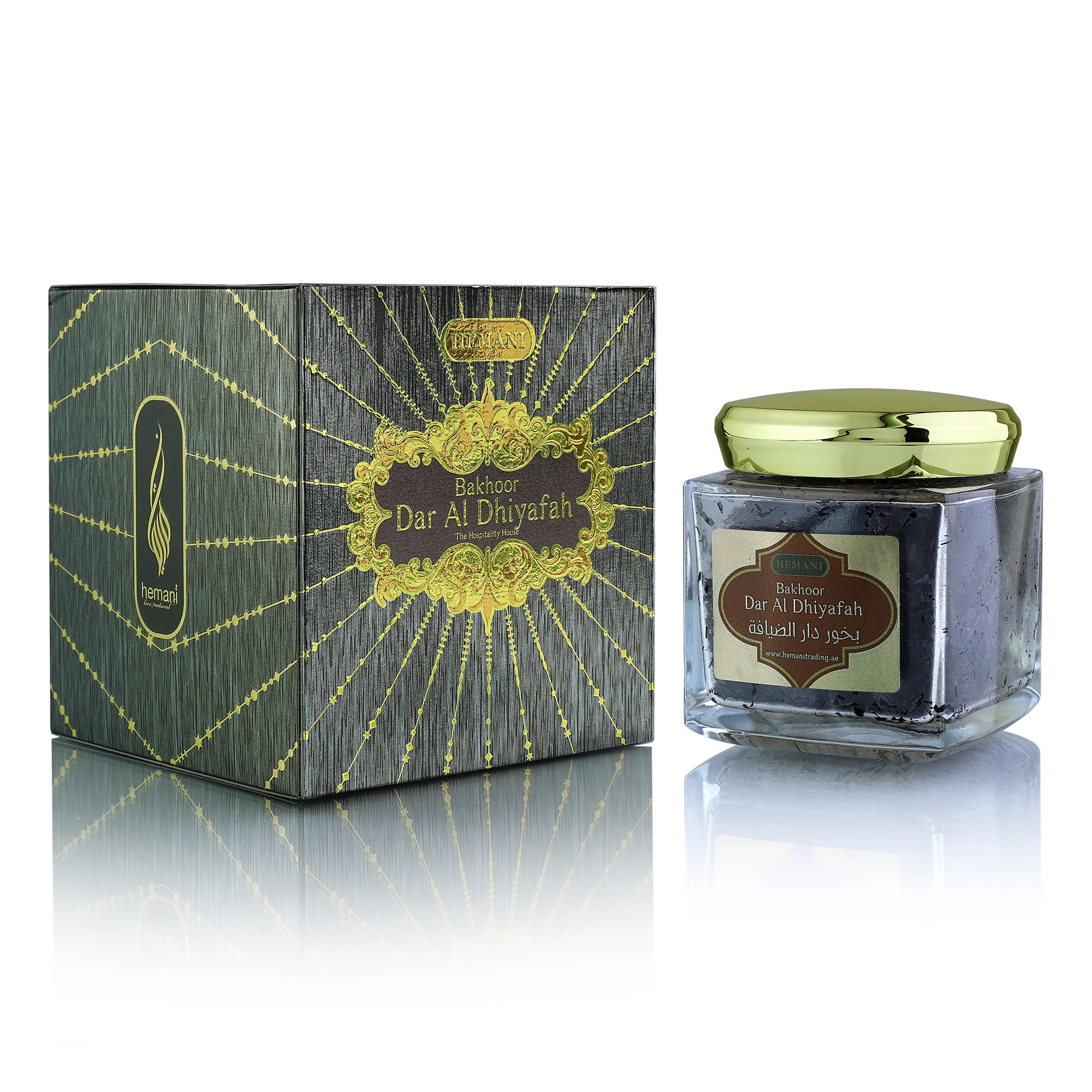 Bakhoor Dar Al Dhiyafah natural fragrance in glass jar with elegant gift box, ideal for hospitality and home use.