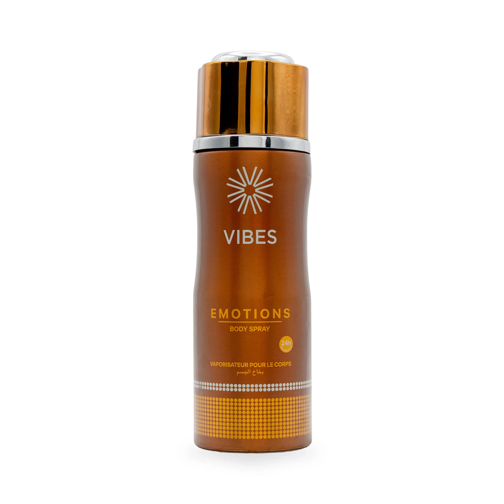 Vibes Emotions Body Spray with 24h protection, golden bottle design for personal fragrance