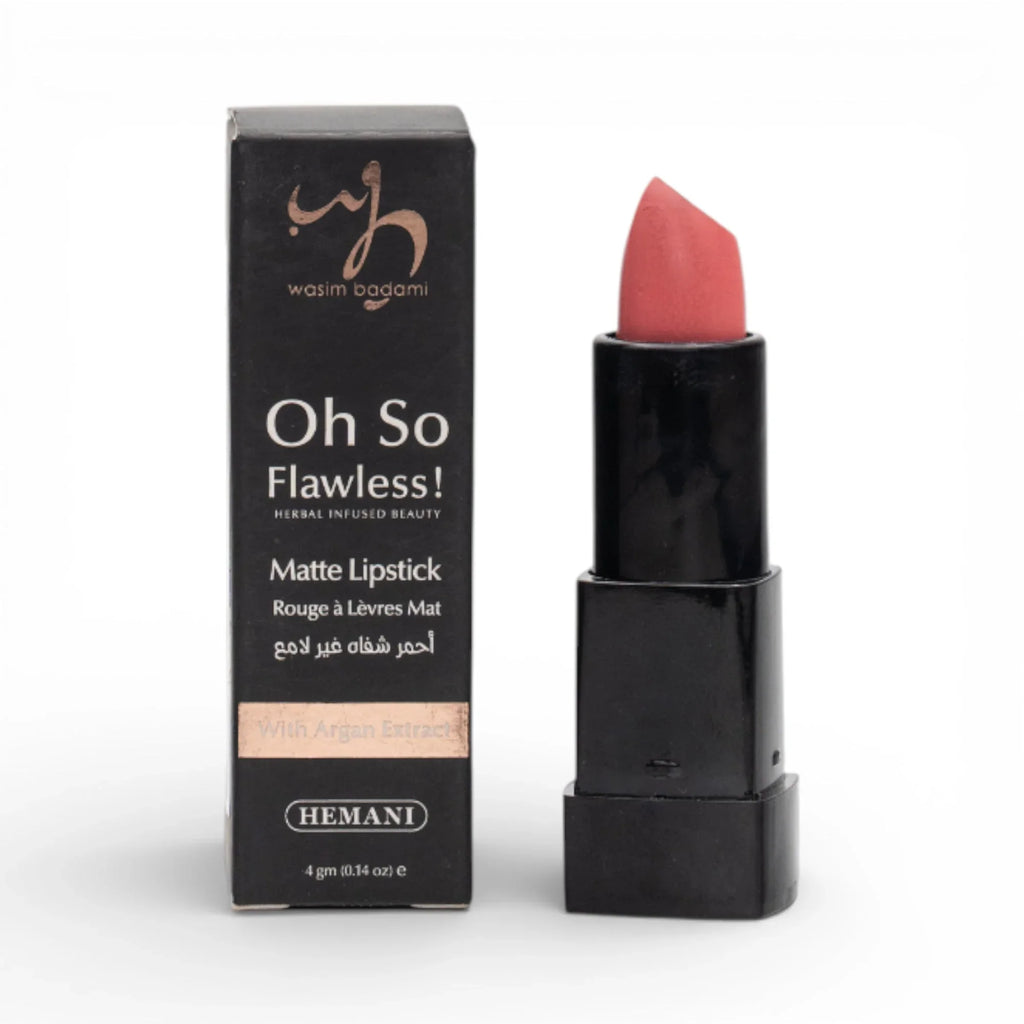 Wasim Badami Oh So Flawless Matte Lipstick with Argan Extract, herbal infused beauty in sleek black packaging