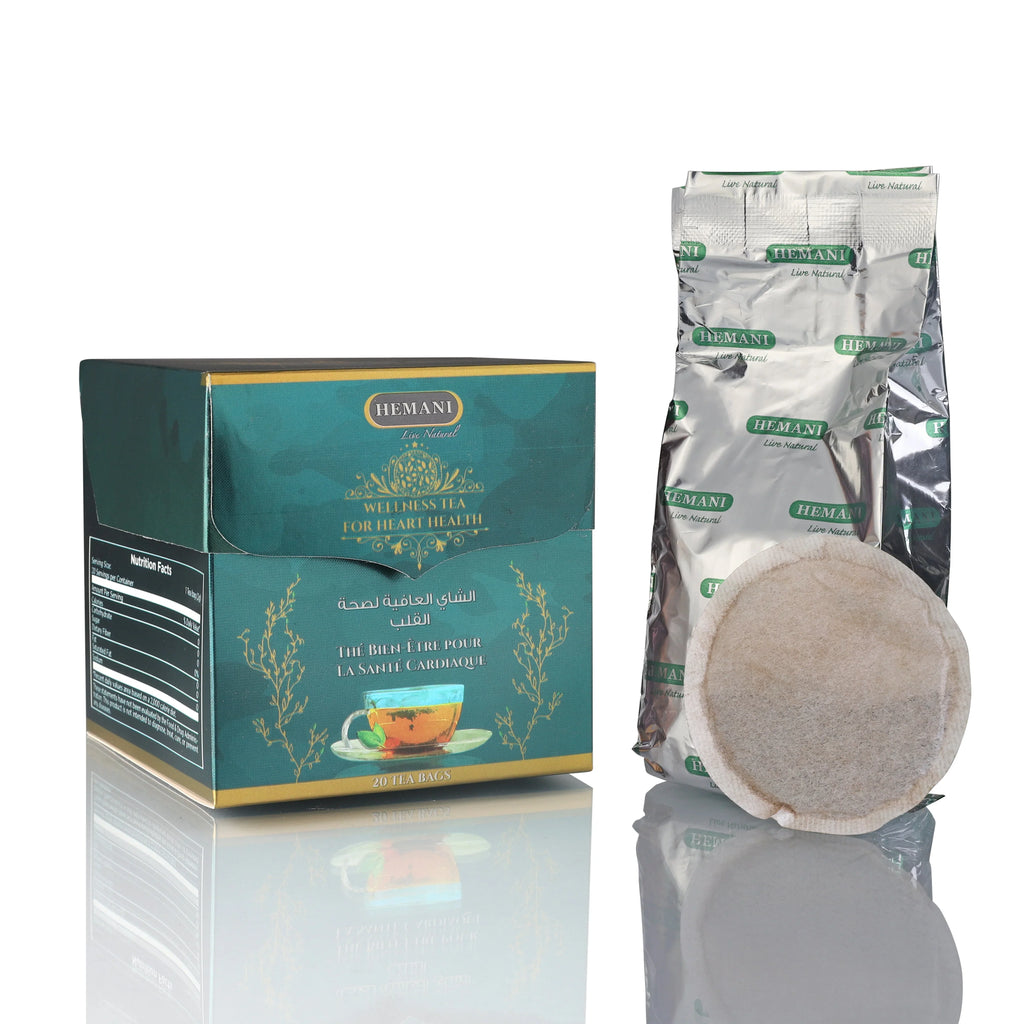 Hemani Wellness Tea for Heart Health, 20 natural tea bags in green box with foil packets, promoting cardiac care.