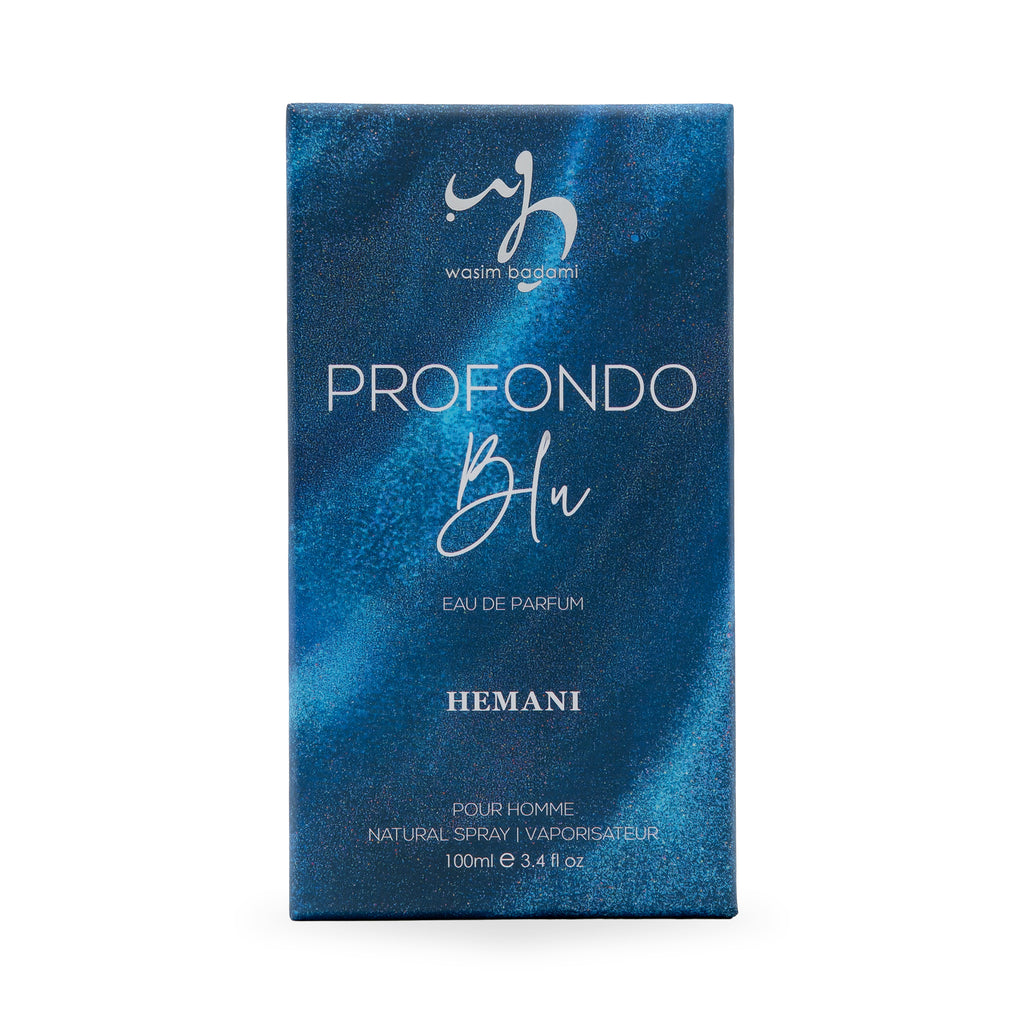 Profondo Blu Eau de Parfum for men by Hemani, natural spray in elegant blue packaging