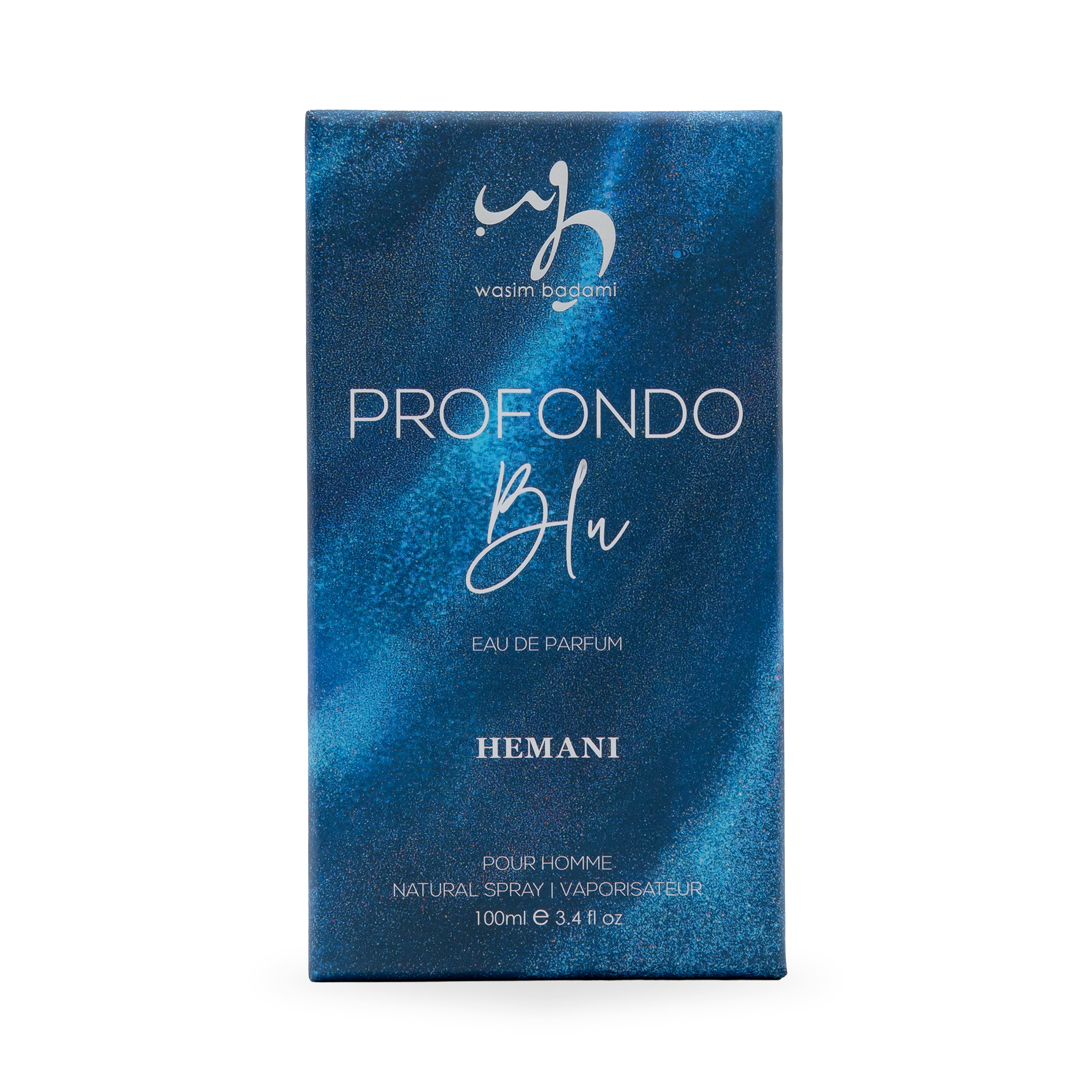 Profondo Blu Eau de Parfum for men by Hemani, natural spray in elegant blue packaging
