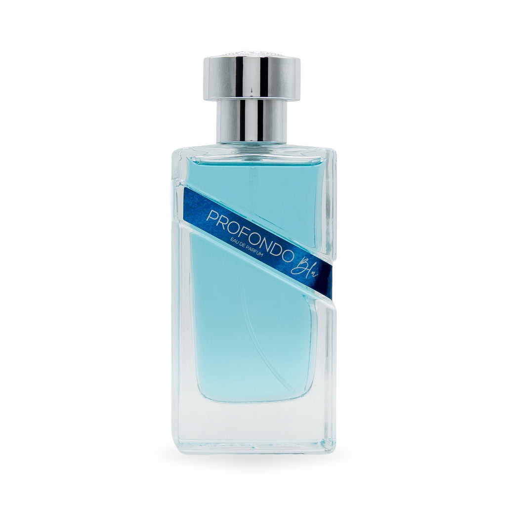 Profondo Blu Eau de Parfum bottle with blue liquid, silver cap, and diagonal label on white background