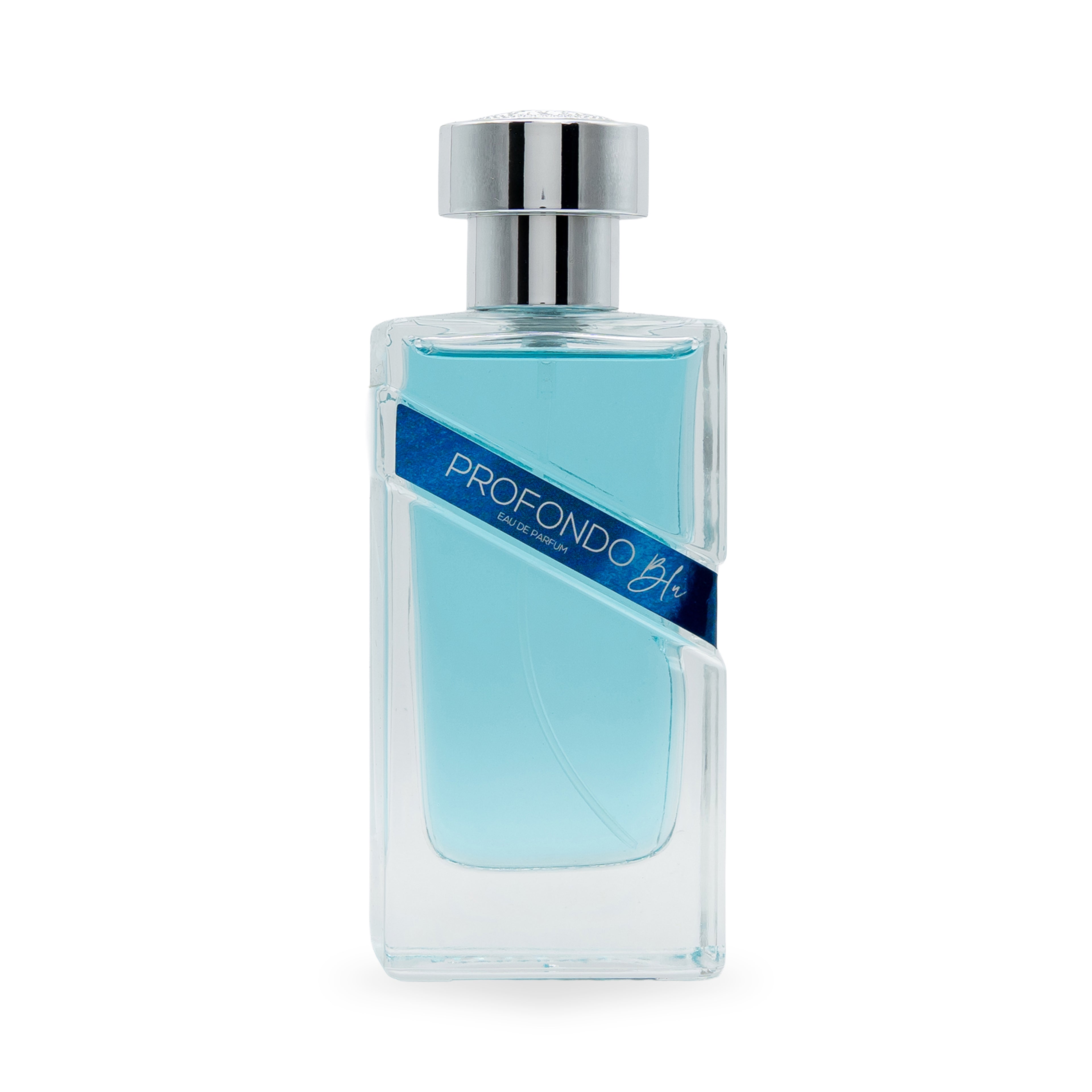 Profondo Blu Eau de Parfum bottle with blue liquid, silver cap, and diagonal label on white background