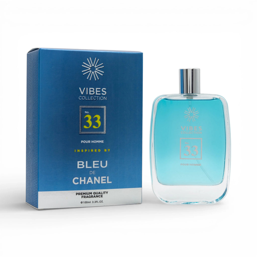 Vibes Collection No. 33 Pour Homme fragrance bottle and box, inspired by Bleu de Chanel, premium quality men's perfume