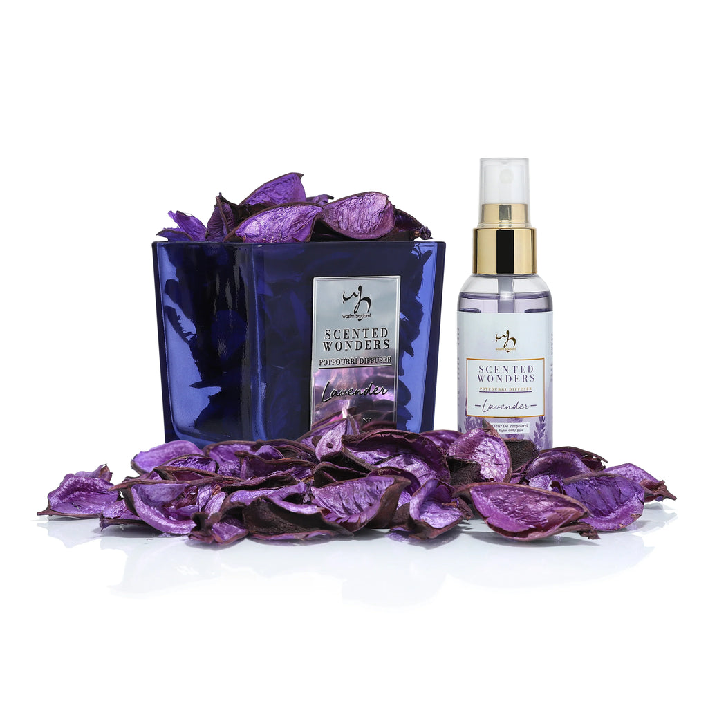 Lavender potpourri diffuser set with purple dried petals and spray bottle for natural home fragrance