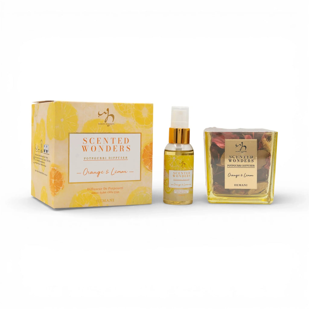 Orange & Lemon Potpourri Diffuser set with spray bottle and scented herbs in glass jar, natural home fragrance