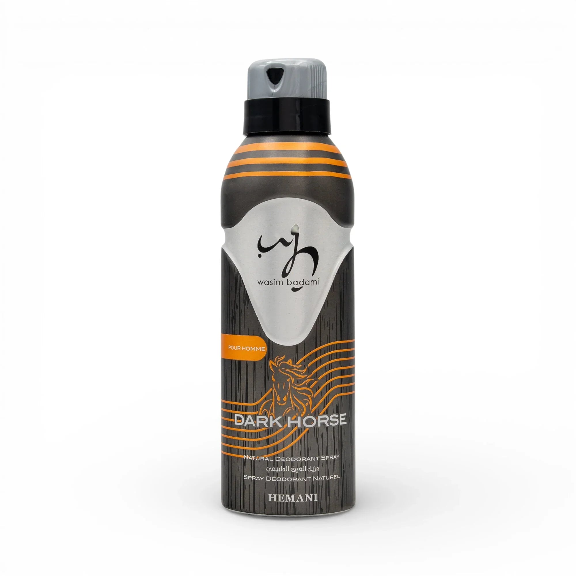 Dark Horse natural deodorant spray for men with bold design and orange accents