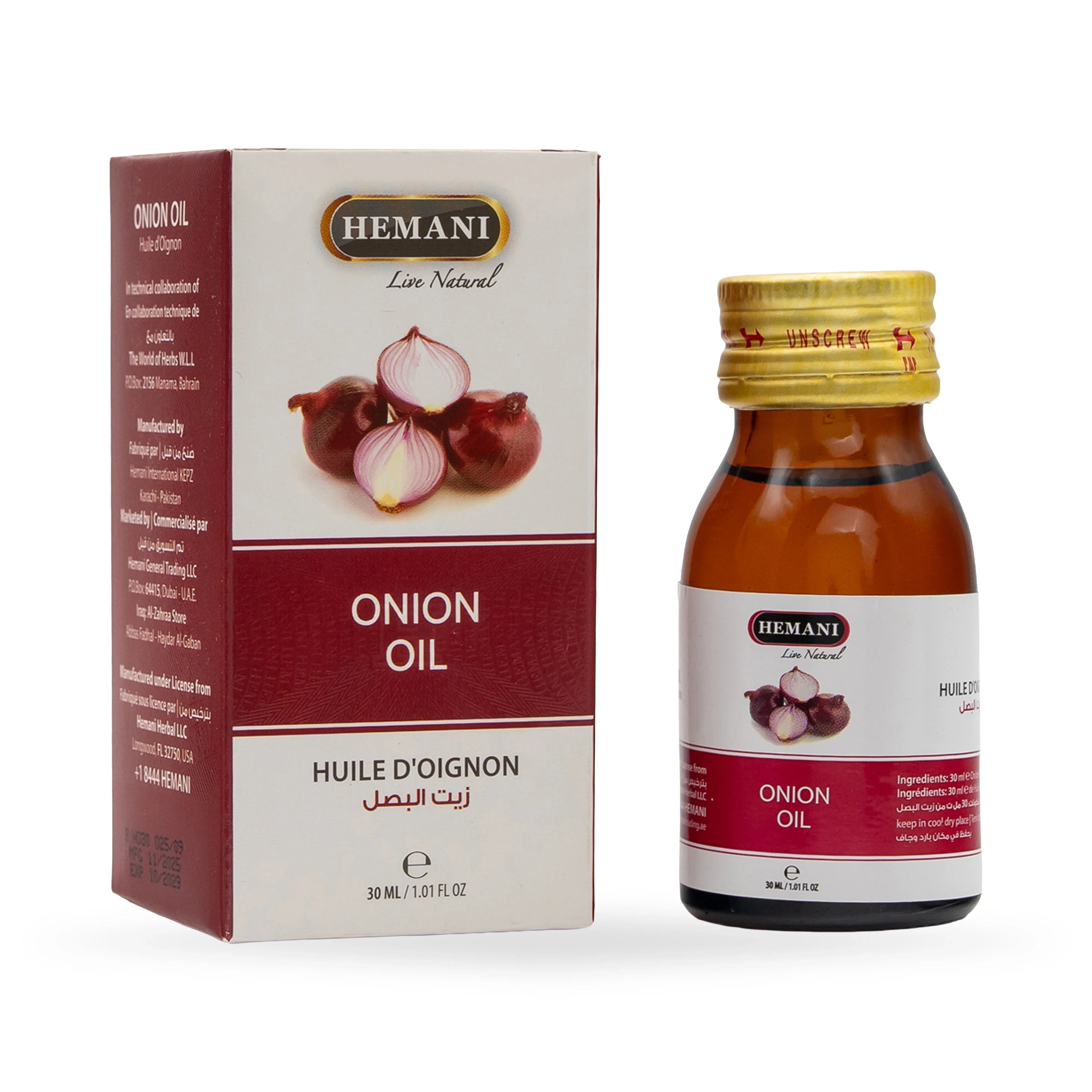 Hemani Onion Oil bottle and packaging for natural hair care