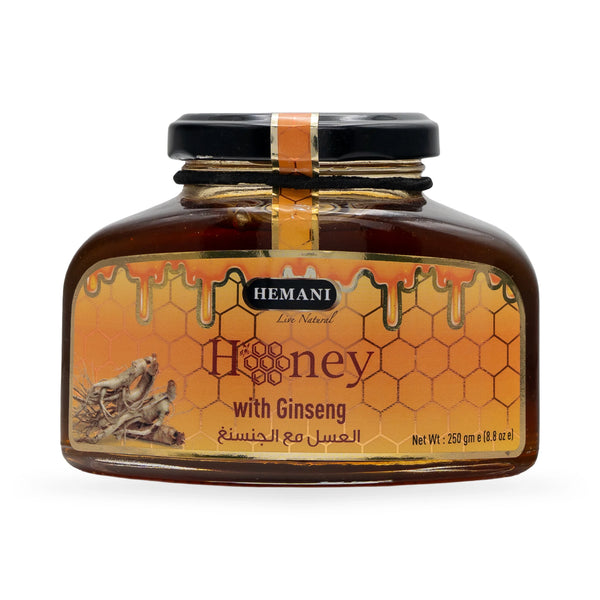 Hemani Honey with Ginseng, natural organic blend in a glass jar, 250g