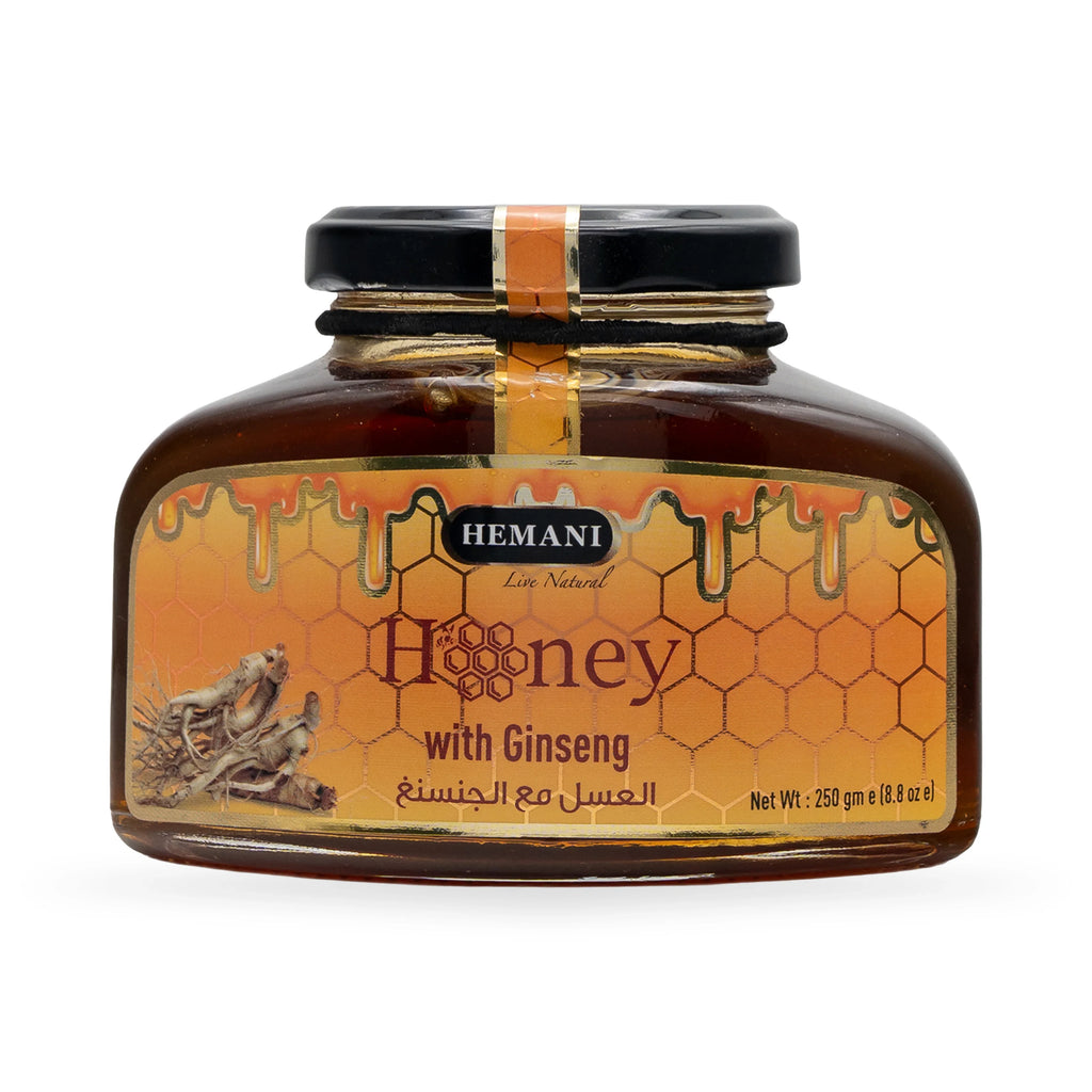 Hemani Honey with Ginseng, natural organic blend in a glass jar, 250g