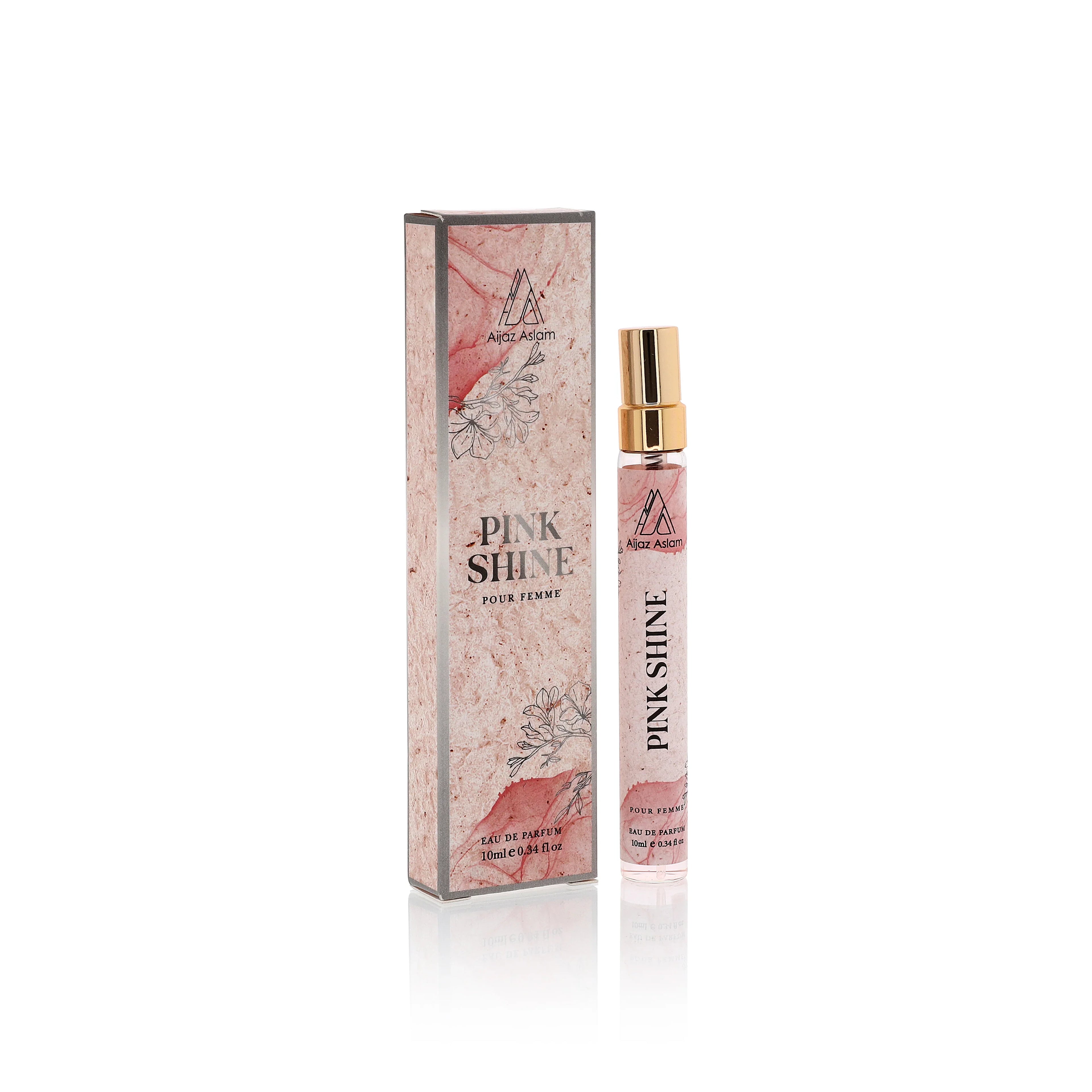 Pink Shine Pour Femme Eau de Parfum 10ml with elegant floral packaging and gold cap