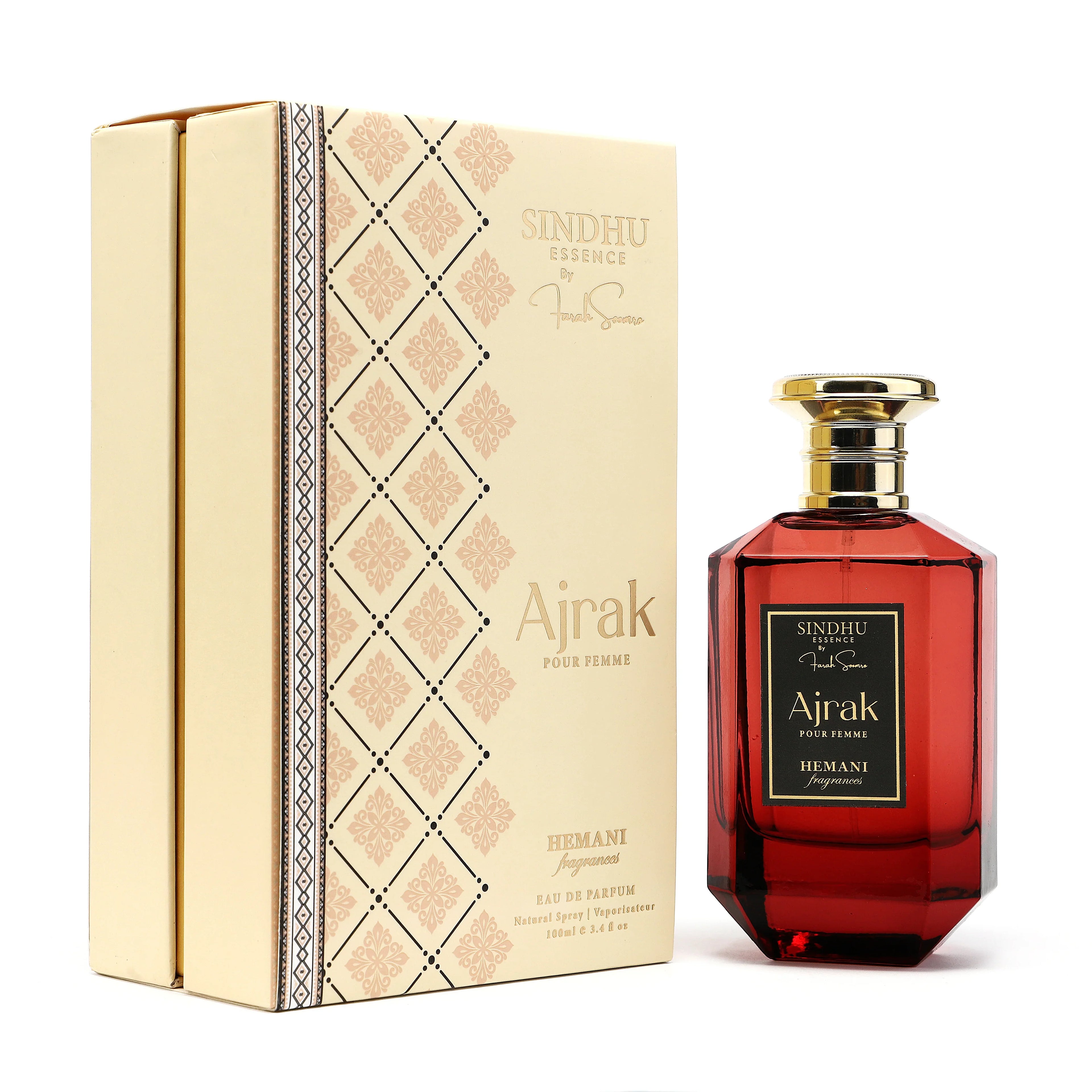 Aj rak Pour Femme Eau de Parfum by Hemani, red bottle with gold cap and elegant packaging