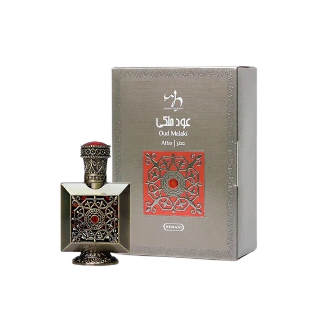 Oud Malaki Attar perfume bottle with ornate design and matching gift box, natural fragrance for men and women