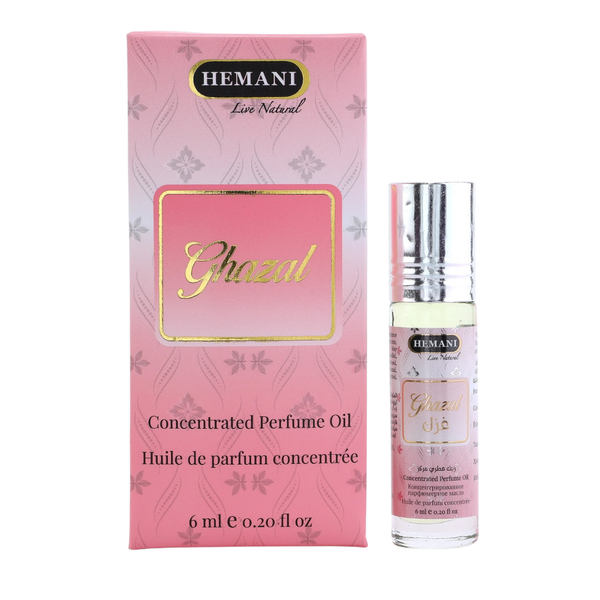 Ghazal concentrated perfume oil in pink packaging with rollerball applicator, 6ml natural fragrance