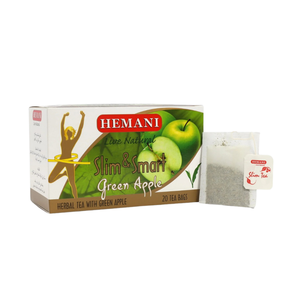 Hemani Slim & Smart Green Apple herbal tea box with 20 tea bags, featuring green apples and a hula hoop silhouette.