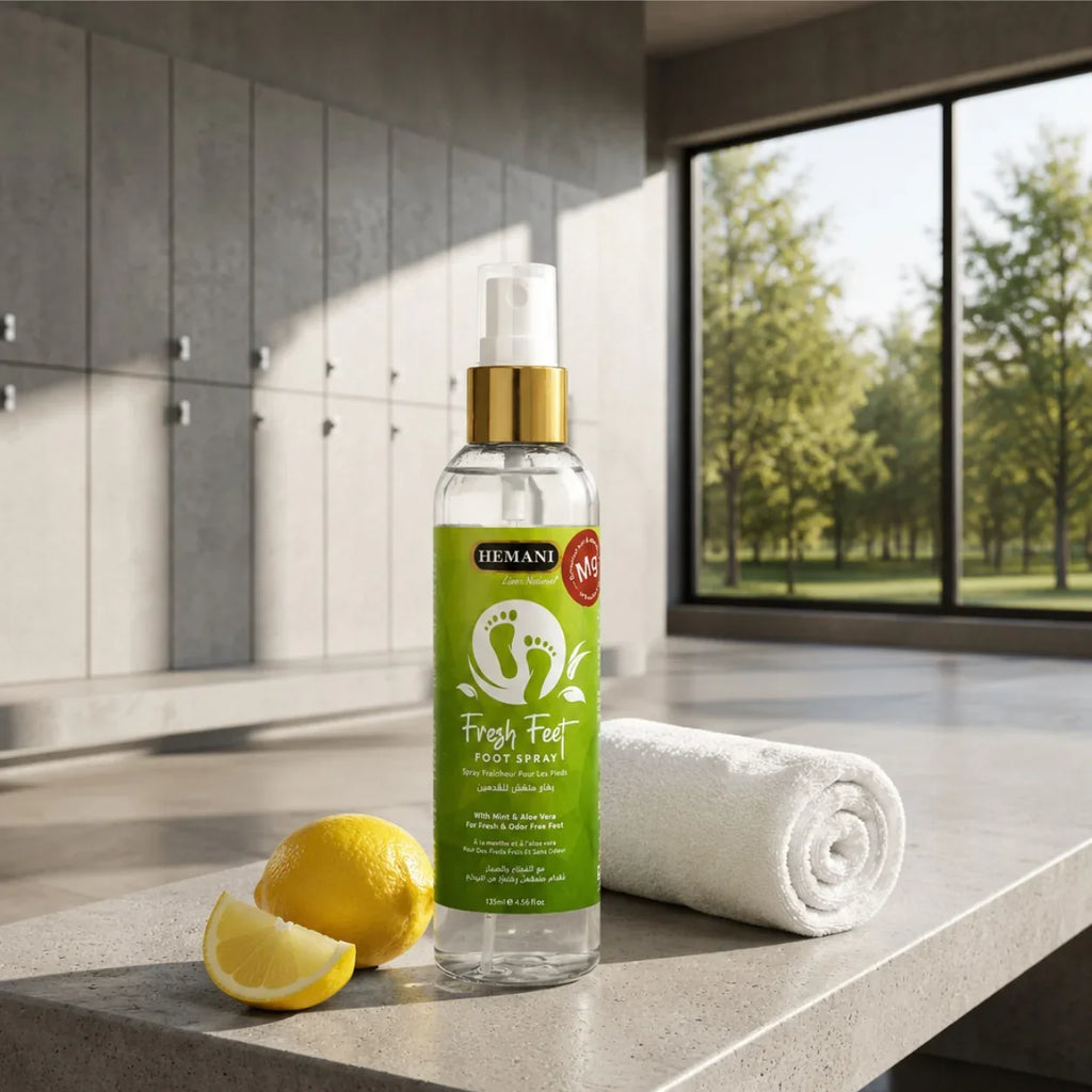 Hemani Fresh Feet Foot Spray with mint & aloe vera, lemon slice, and towel on countertop