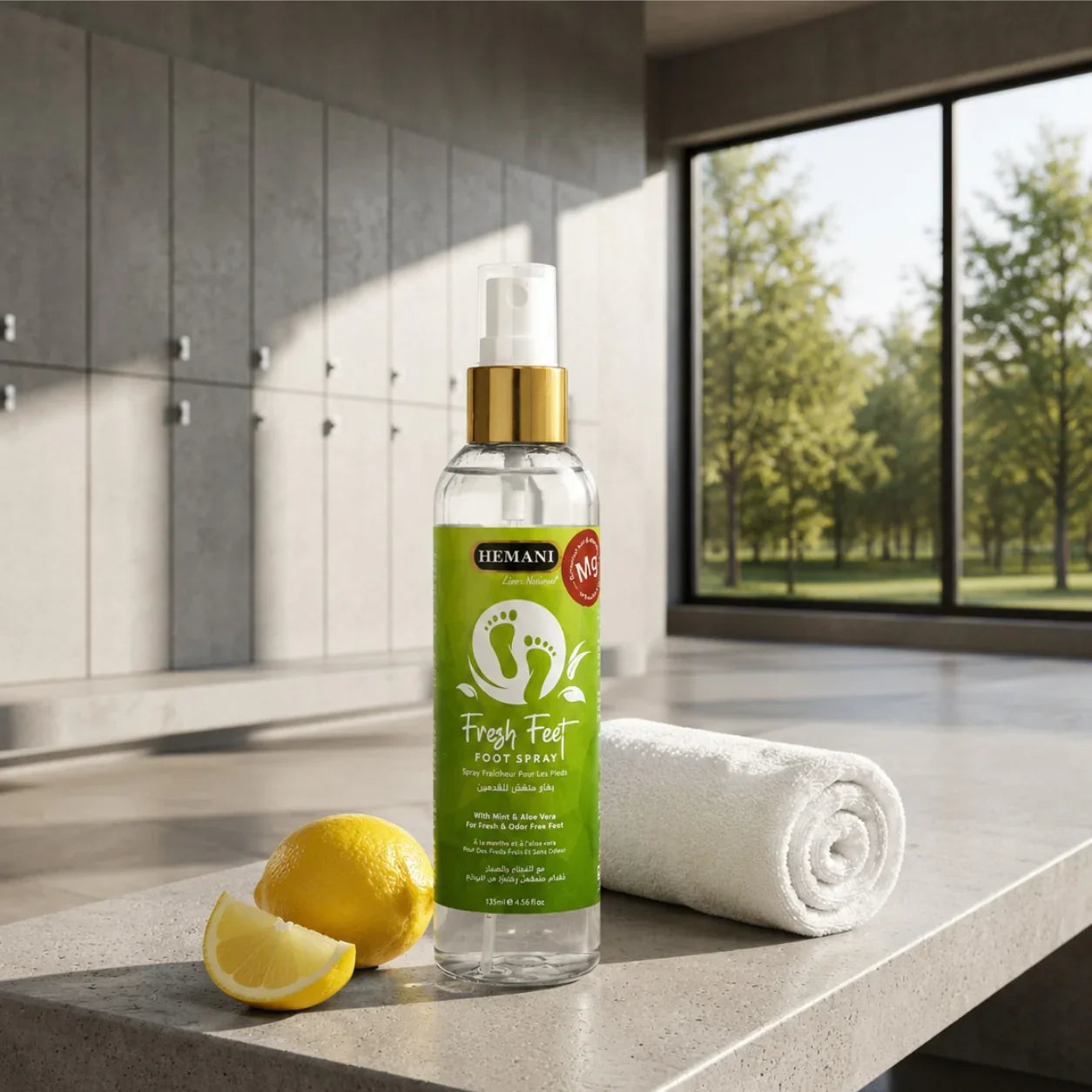 Hemani Fresh Feet Foot Spray with mint & aloe vera, lemon slice, and towel on countertop