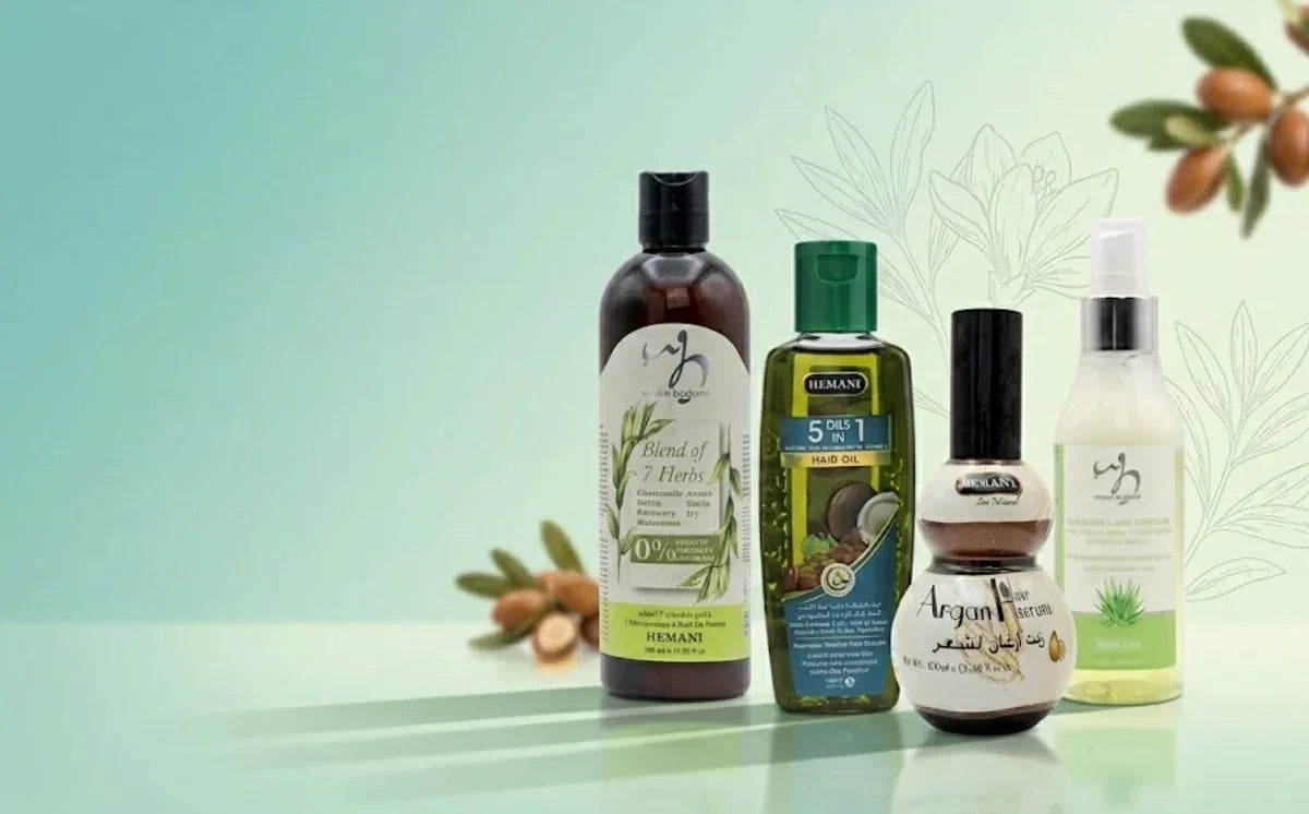 Natural herbal hair care products including 7 herbs blend, 5-in-1 hair oil, argan serum, and aloe vera spray