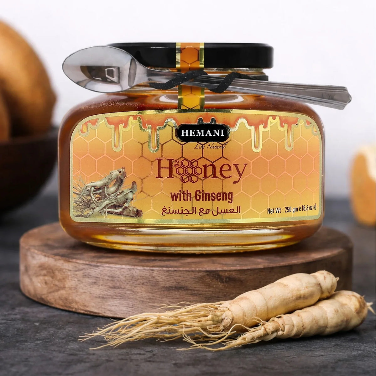 Honey with Ginseng in glass jar, natural herbal blend, fresh ginseng roots beside, organic wellness product
