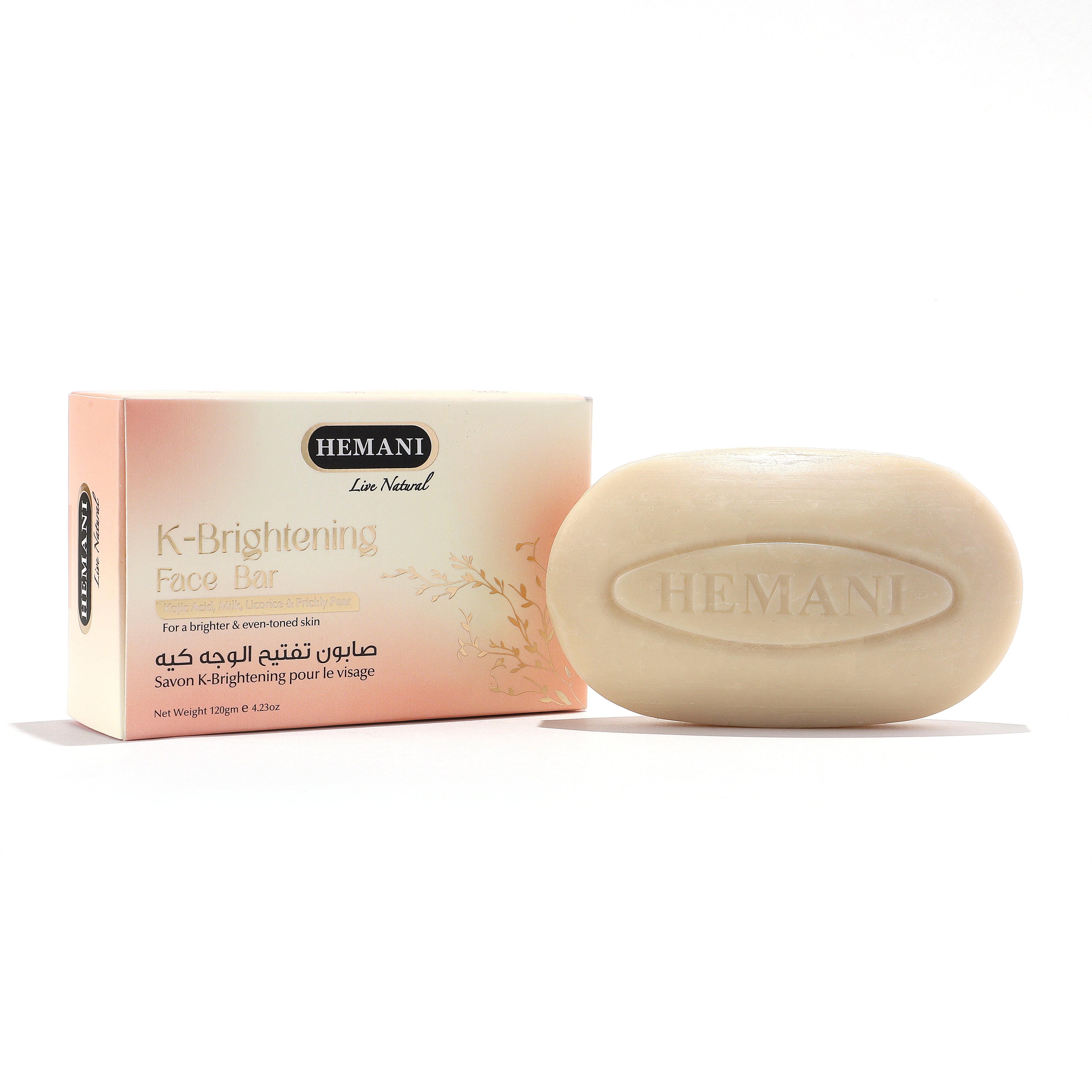 Hemani K-Brightening Face Bar soap with packaging for brighter, even-toned skin