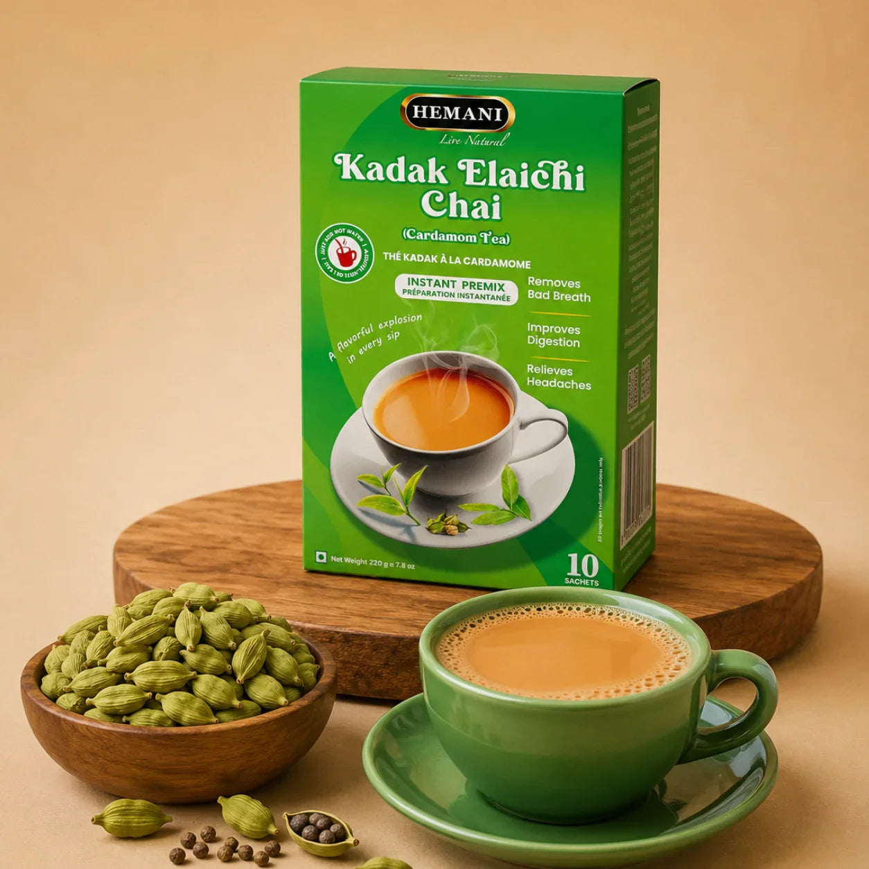 Hemani Kadak Elaichi Chai box with cardamom pods and steaming tea cup, natural herbal tea for digestion and freshness