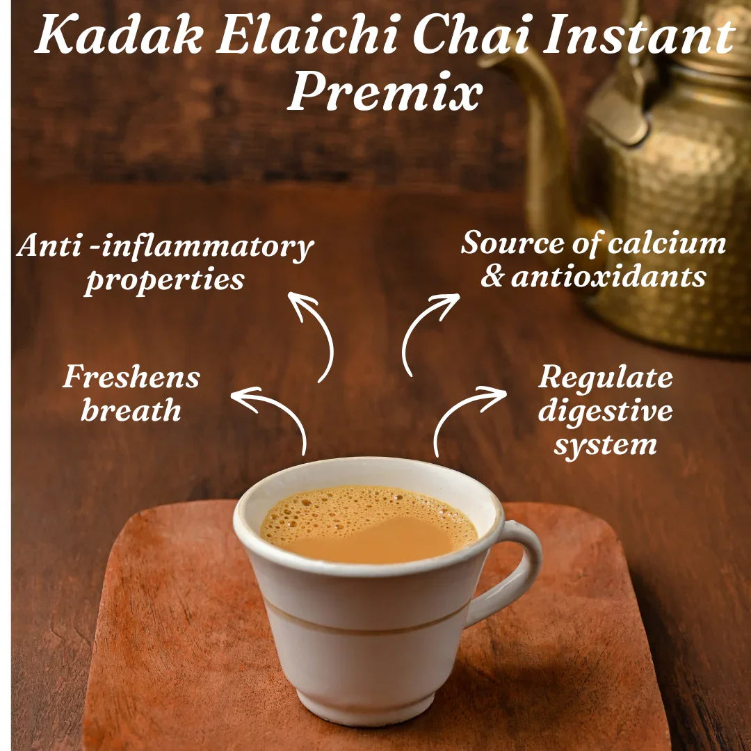 Kadak Elaichi Chai Instant Premix in white cup, highlighting anti-inflammatory, calcium, antioxidant, digestive & breath benefits