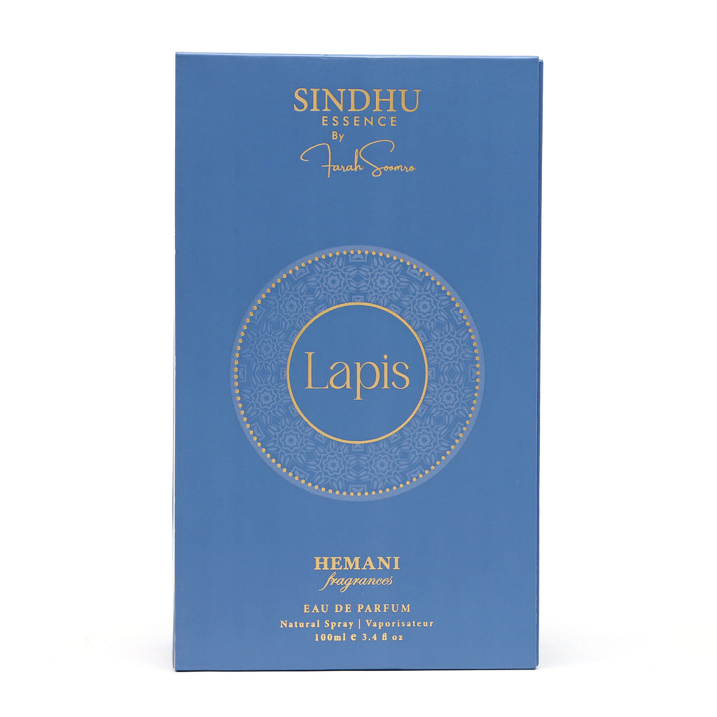Lapis Eau de Parfum by Sindhu Essence, natural spray fragrance in elegant blue packaging