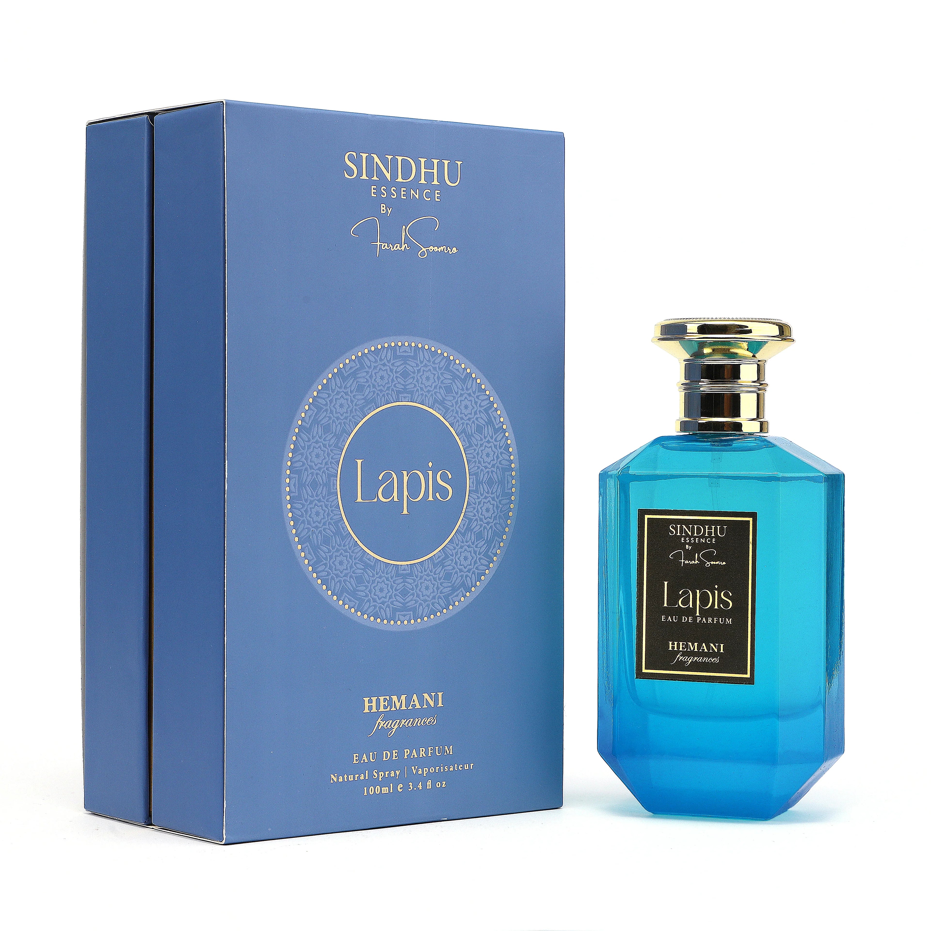 Lapis Eau de Parfum by Sindhu Essence, blue bottle with gold cap, natural spray fragrance