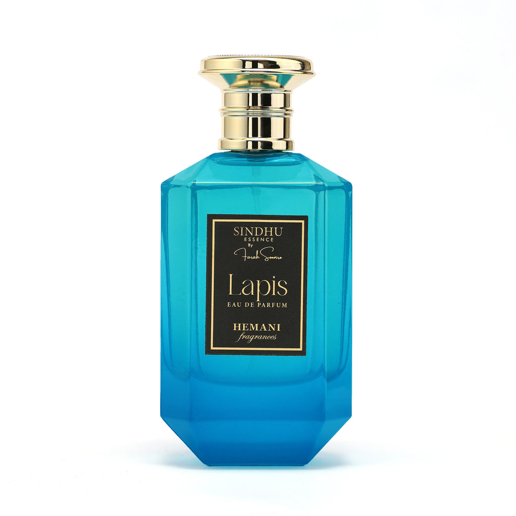 Lapis Eau de Parfum by Hemani Fragrances, a vibrant blue bottle with gold accents for natural luxury.