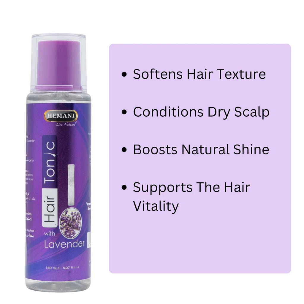 Hemani Lavender Hair Tonic for softening texture, conditioning scalp, and boosting natural shine