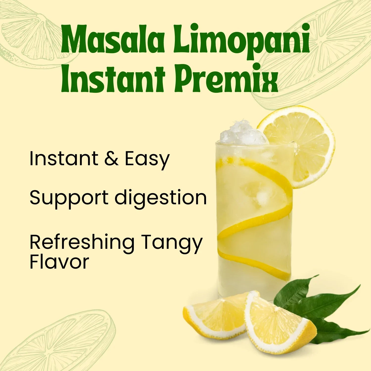 Masala Limopani Instant Premix drink with lemon slices, ice, and herbs for refreshing tangy flavor and digestion support
