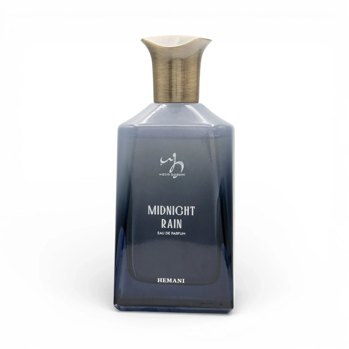 Midnight Rain Eau de Parfum in sleek blue bottle with gold cap, natural fragrance for men & women
