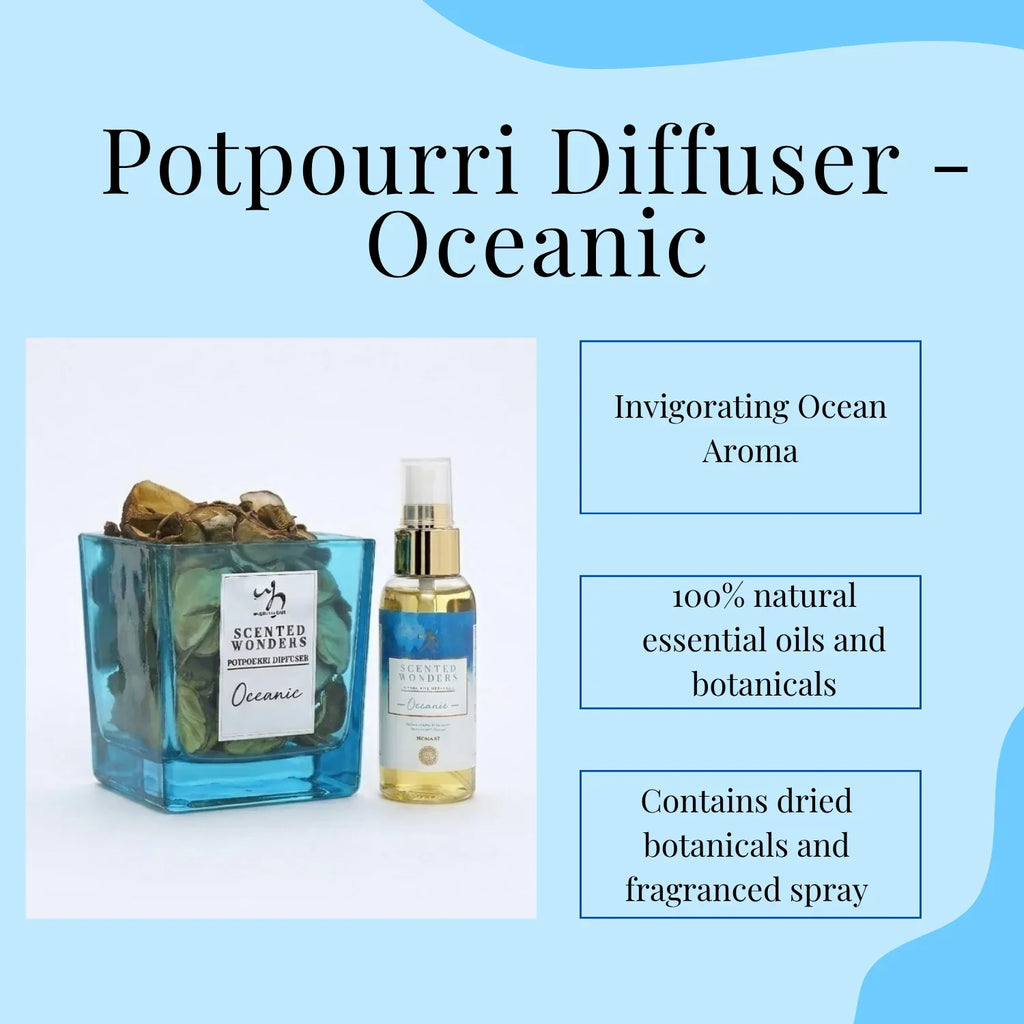 Oceanic potpourri diffuser with dried botanicals and natural fragranced spray for invigorating aroma