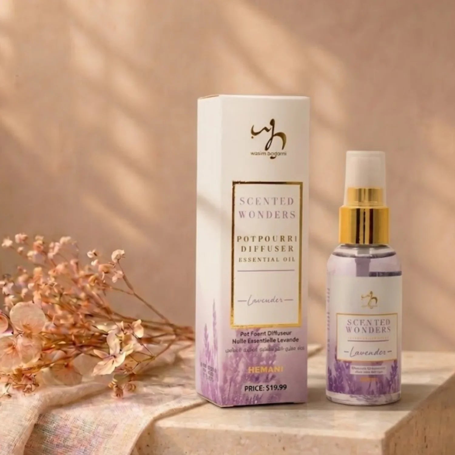 Lavender essential oil diffuser spray with packaging, natural home fragrance for relaxation and wellness