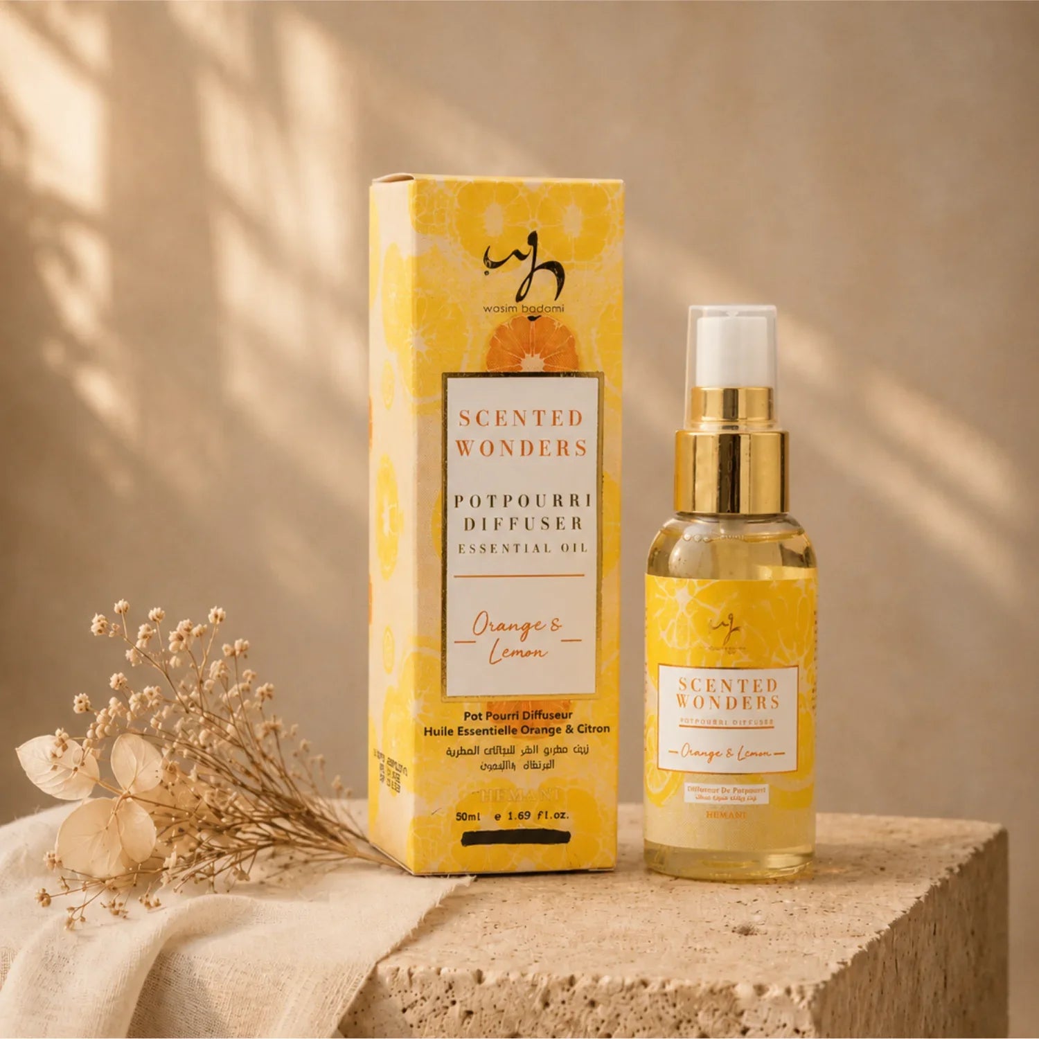 Orange & Lemon scented potpourri diffuser essential oil in elegant spray bottle with matching box, natural home fragrance