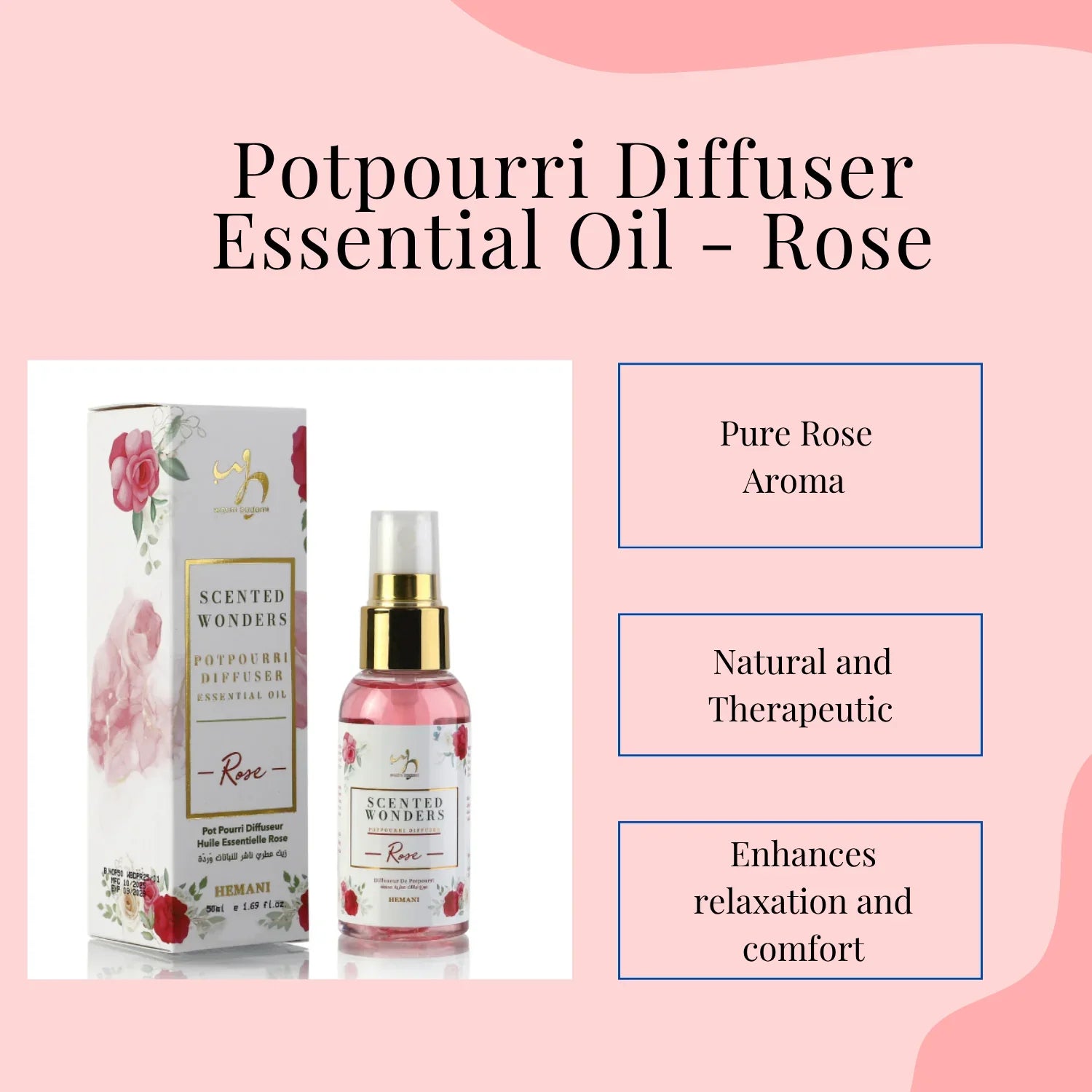 Rose essential oil diffuser with pure rose aroma, natural therapeutic scent for relaxation and comfort