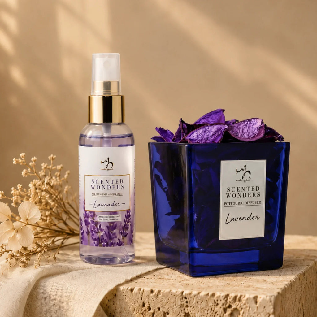Lavender scented wonders air freshener spray and potpourri diffuser with dried flowers, natural home fragrance