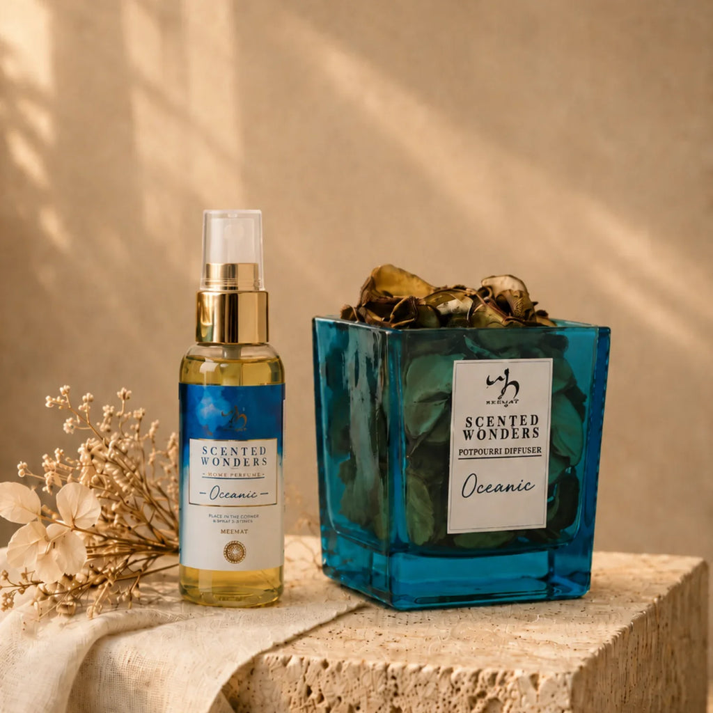 Oceanic scented home perfume spray and potpourri diffuser with dried botanicals, natural fragrance for serene spaces
