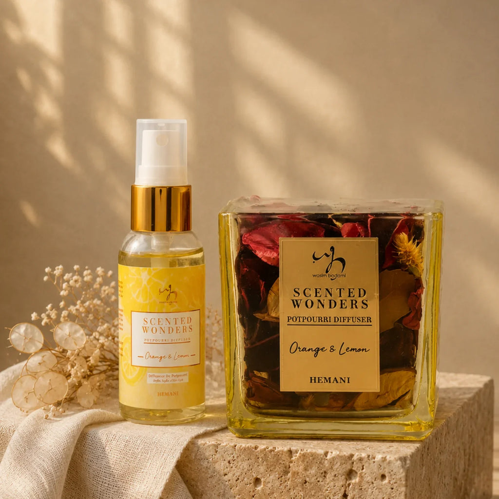 Scented Wonders Orange & Lemon potpourri diffuser set with spray bottle, dried flowers, and natural decor