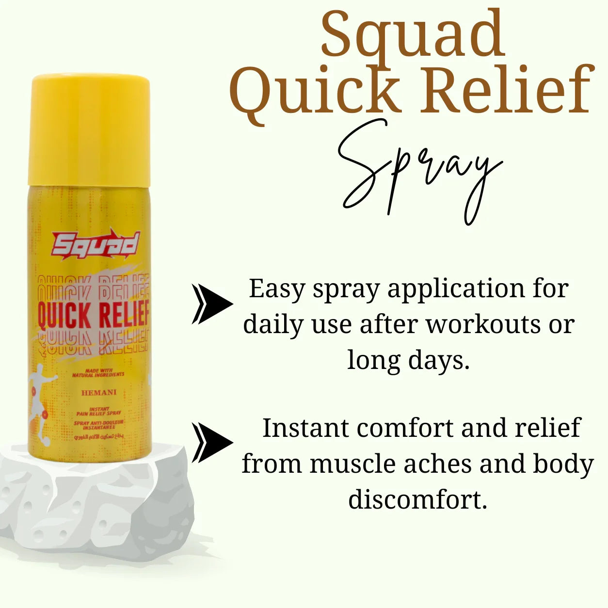 Squad Quick Relief Spray for muscle ache relief, easy spray application after workouts, natural ingredients