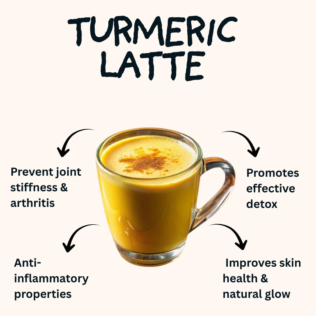 Turmeric latte in glass mug with health benefits like detox and skin glow