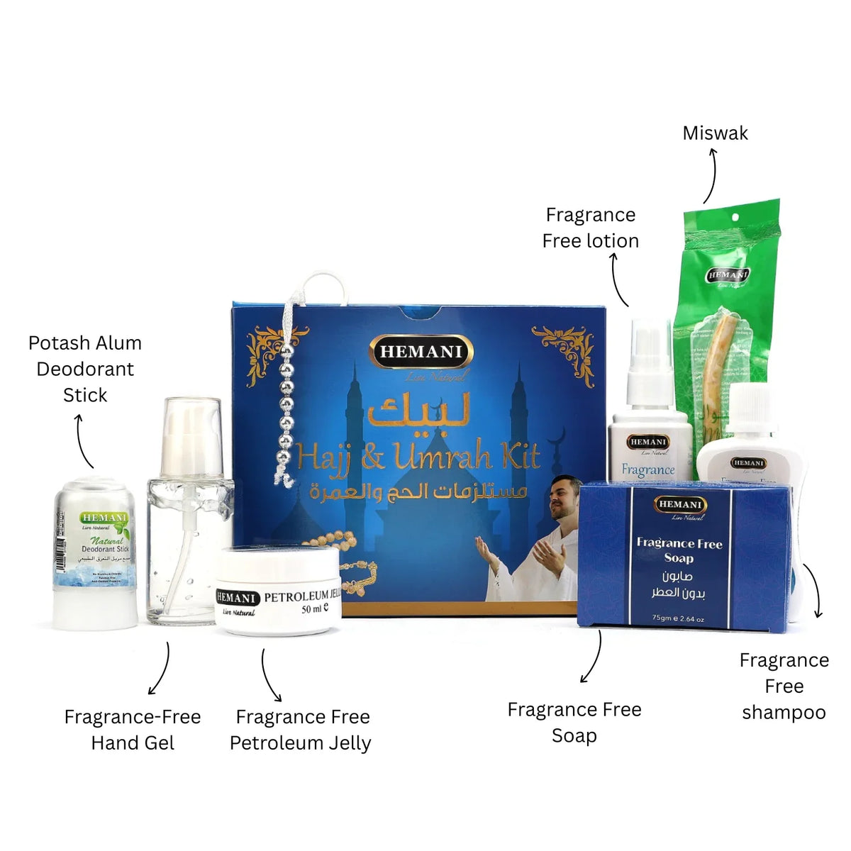 Hemani Hajj & Umrah Kit with fragrance-free soap, shampoo, hand gel, and miswak for natural personal care
