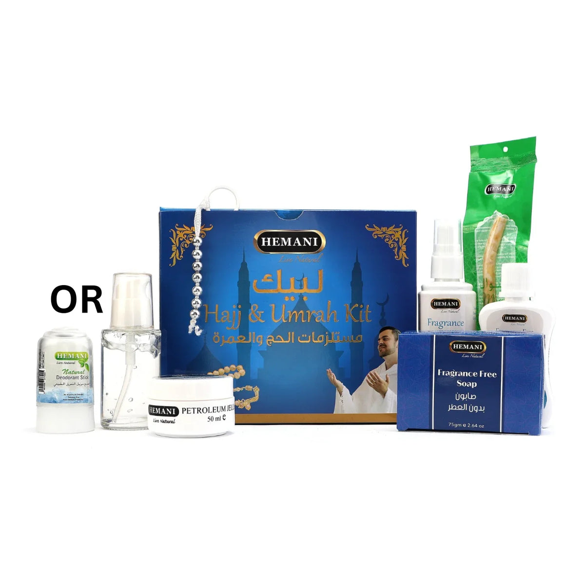 Hemani Hajj & Umrah Kit with natural deodorant, petroleum jelly, fragrance spray, and fragrance-free soap for pilgrims