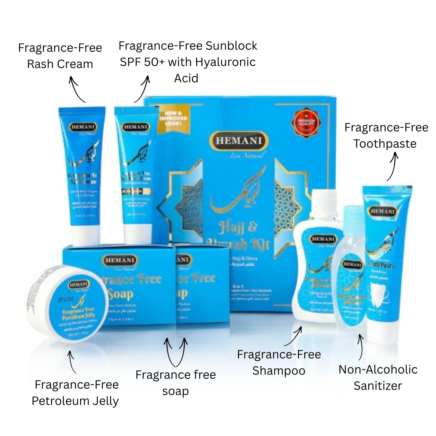 Hemani fragrance-free Hajj & Umrah kit with rash cream, sunscreen, toothpaste, soap, shampoo, sanitizer, and petroleum jelly
