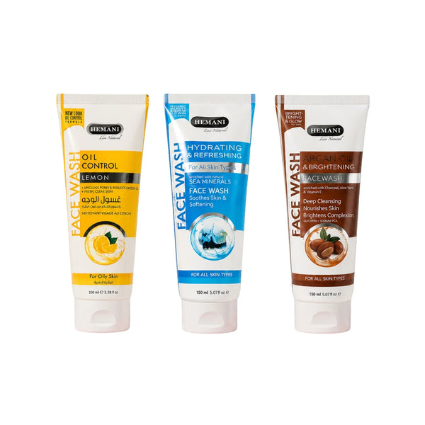 Three herbal face wash tubes: lemon oil control, sea minerals hydrating, and argan oil brightening for all skin types