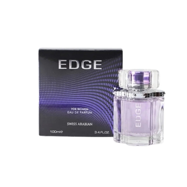 EDGE for Women Eau de Parfum, 100ml bottle with purple design and Swiss Arabian branding
