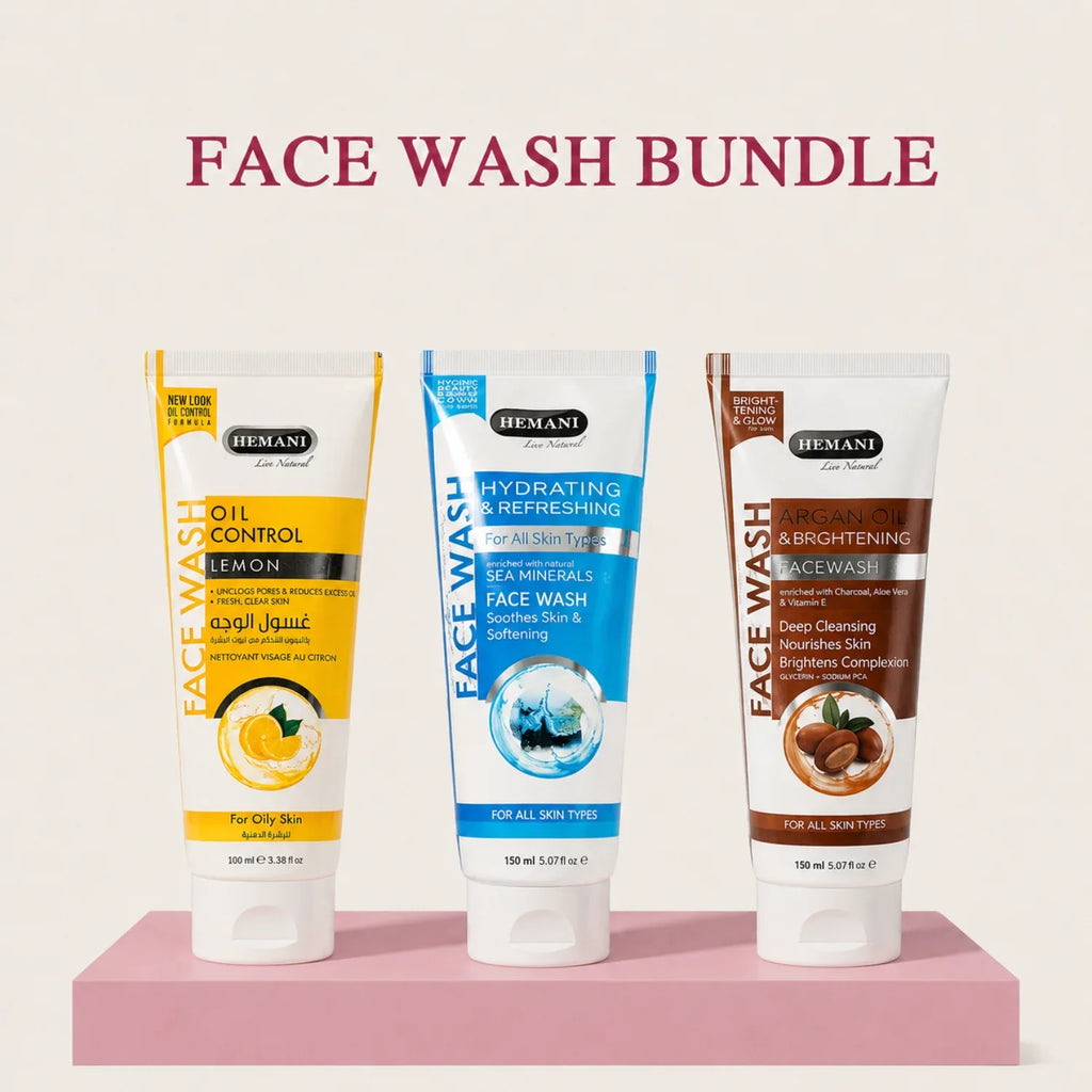 Hemani herbal face wash bundle with oil control, hydrating, and argan oil formulas for all skin types