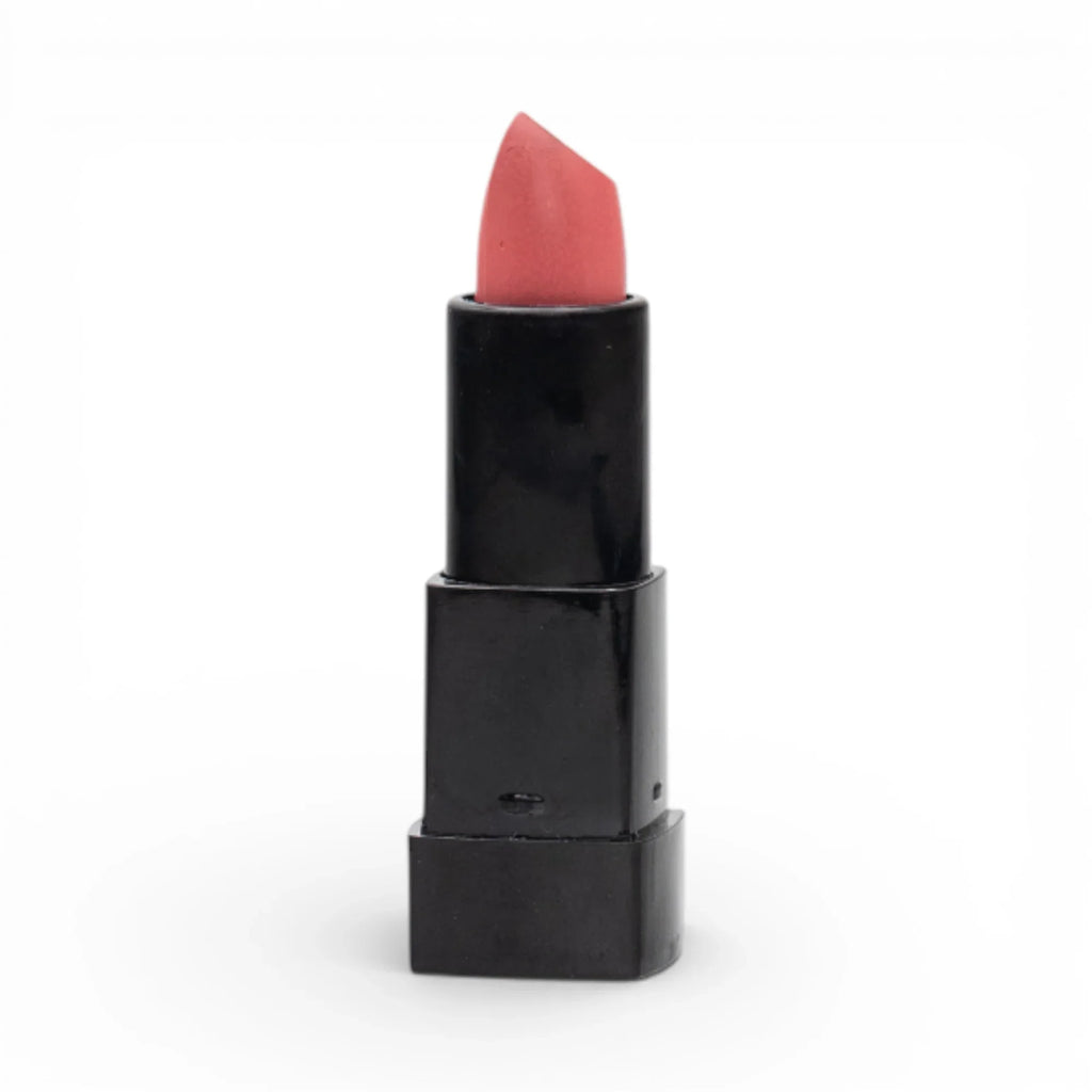 Pink matte lipstick in sleek black case, natural beauty makeup for women