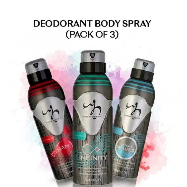 Pack of 3 deodorant body sprays with vibrant designs for men